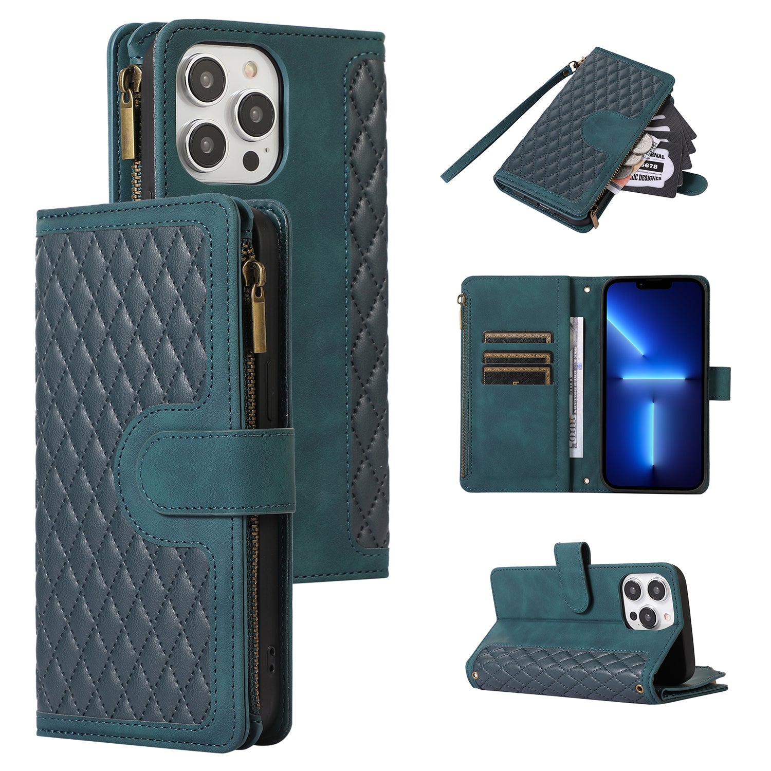 For iPhone 13 Pro 6.1 inch Leather Card Holder Phone Case Rhombus Imprint Zipper Pocket Wallet Stand Cover For iPhone 13 Pro 6.1 inch Leather Card Holder Phone Case Rhombus Imprint Zipper Pocket Wallet Stand Cover